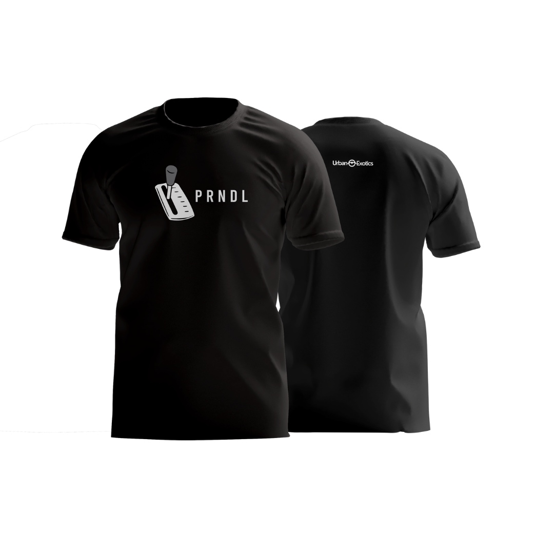 PRNDL Collection featuring automatic gear shift graphic on black hoodie.