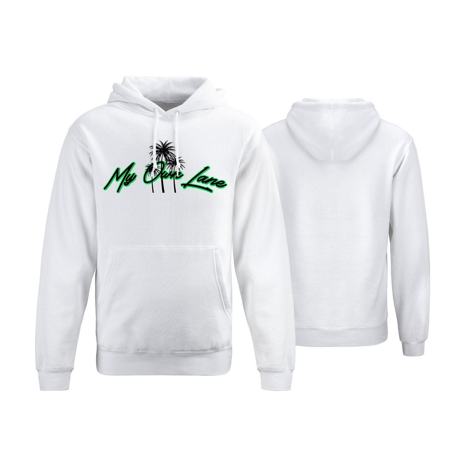 Person wearing a black My Own Lane pullover hoodie with front pouch pocket.